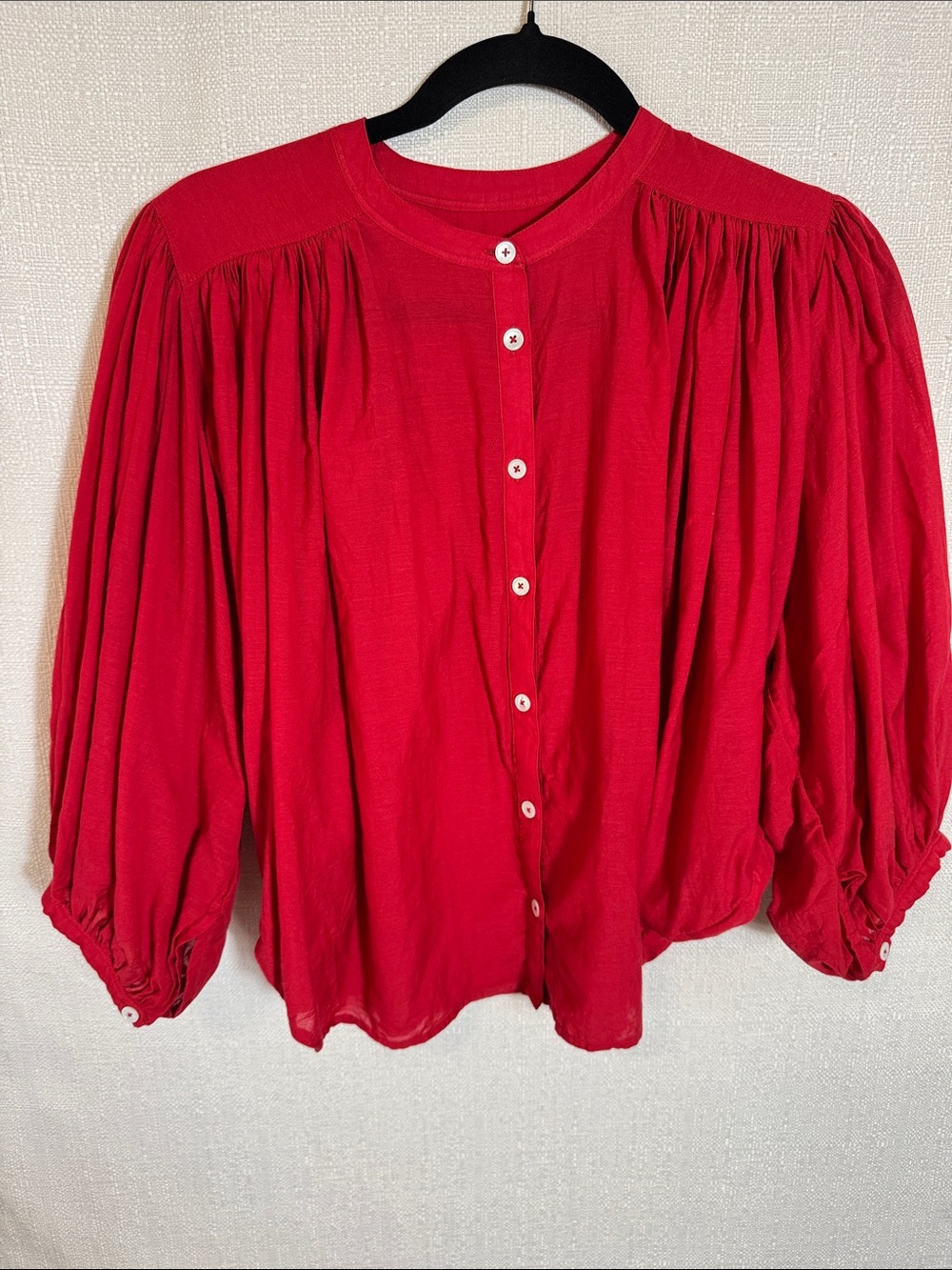 Madewell Cotton Viscose Balloon Sleeve Blouse Red Button Front Peasant Top Sz S - Picture 3 of 8